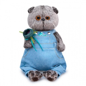 in blue overalls with a rose