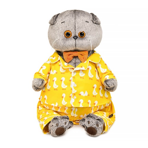 Cat Basik in a pajama with a "Goose" print