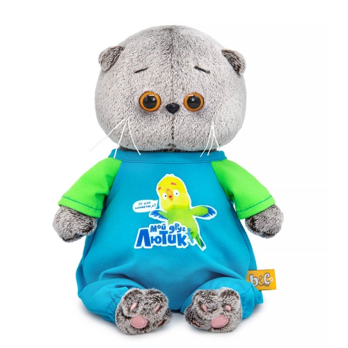 The cat Basik baby in a jumpsuit with the “Parrot Lytik” print.