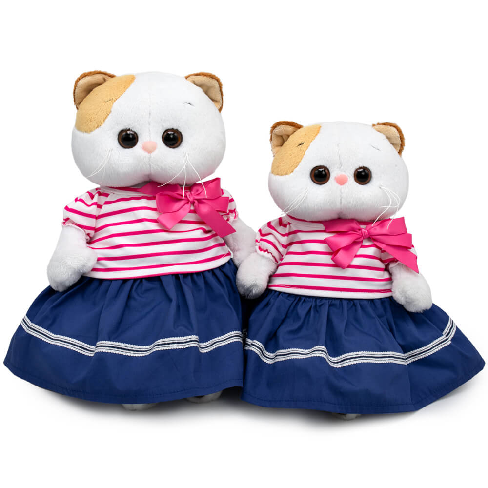 in a striped T-shirt and skirt