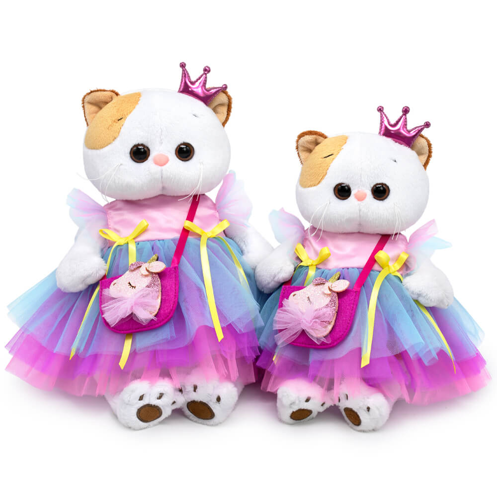 in a dress and a "Unicorn" handbag