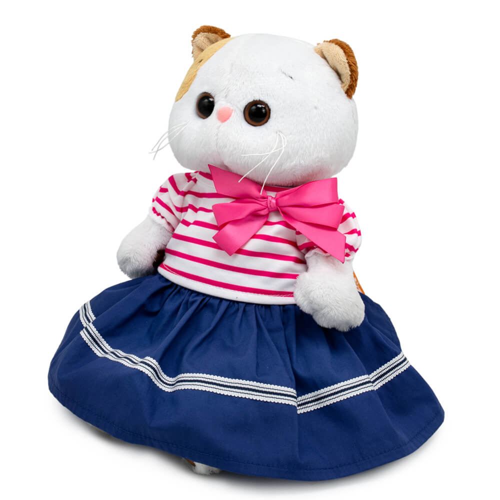 in a striped T-shirt and skirt