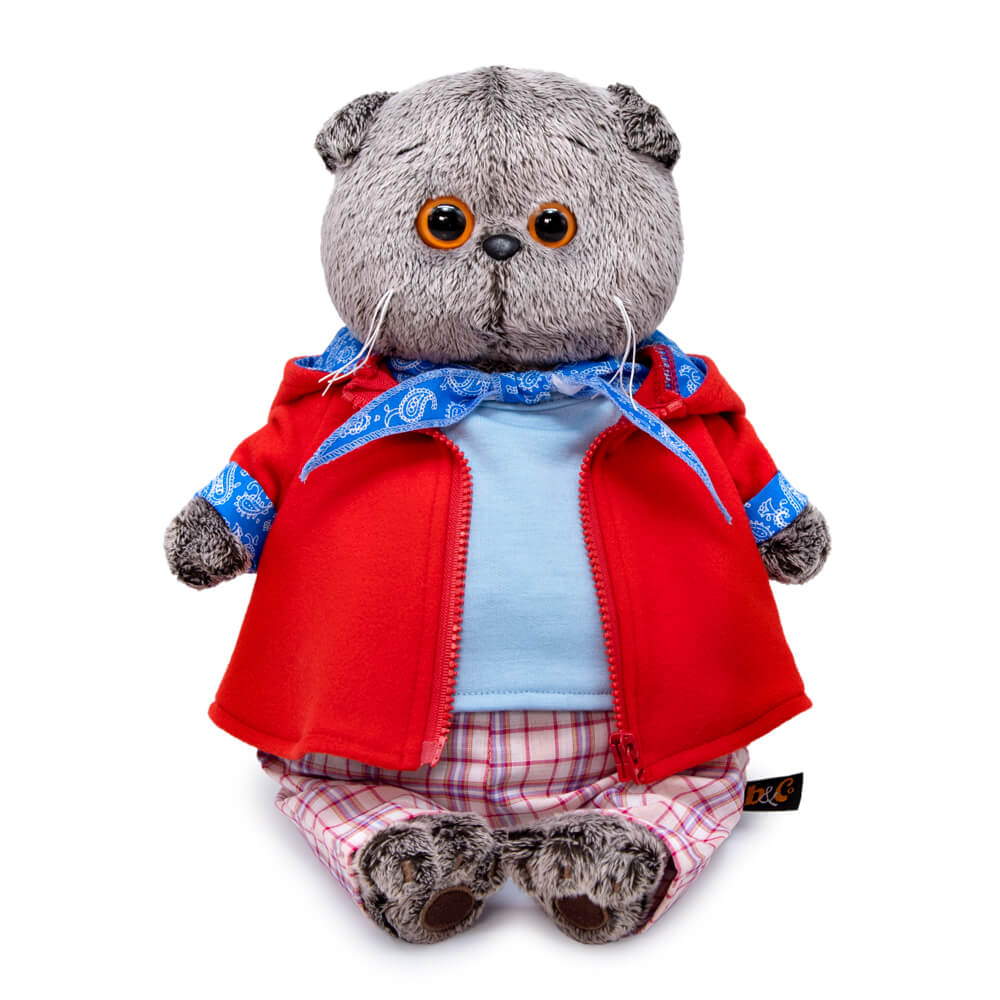 in a red jacket and plaid trousers