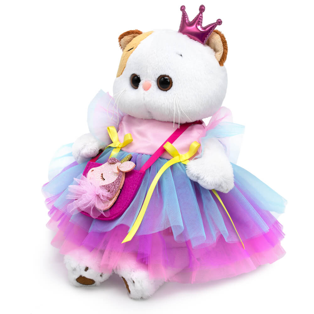 in a dress and a "Unicorn" handbag