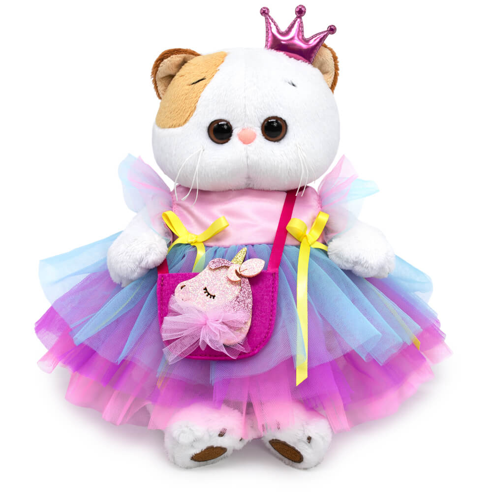 in a dress and a "Unicorn" handbag