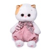 in polka dot overalls