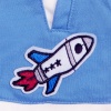 T-shirt blue with a rocket and plum pants