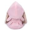 in a pink raincoat