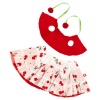 Dress with cherries and a vest with pom-poms