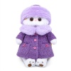 in a purple fur coat