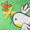 in a T-shirt with print "Bird with a flower"