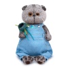 in blue overalls with a rose