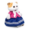 in a jacket with a bow and a skirt